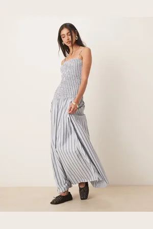 Glamorous Shirred dropped waist maxi dress in and charcoal stripes