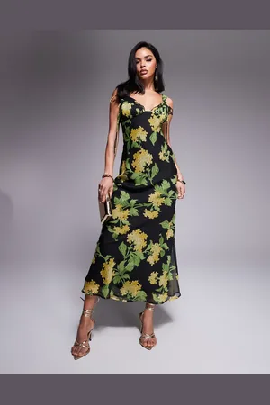 ASOS Tie detail corset bias maxi dress with frills in black based floral print