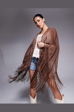 ASOS Embroidered kimono with fringe detail in brown