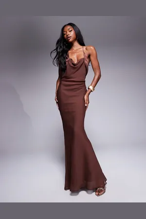 ASOS Satin and chiffon mix cowl neck bias maxi dress in chocolate