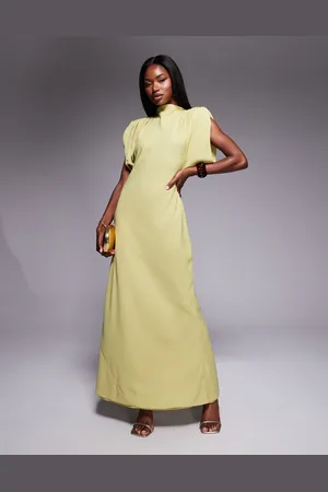 ASOS High neck satin shoulder pads maxi dress with cowl back in olive