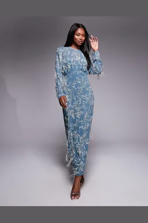 ASOS Long sleeve all over fringe embellished maxi dress in