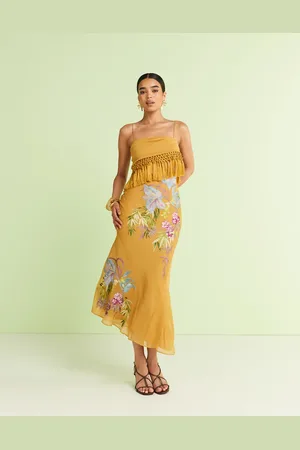 ASOS Fringe detail embroidered maxi dress in mustard