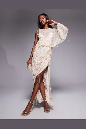 ASOS Pearl and fringe embellished drape maxi dress in cream