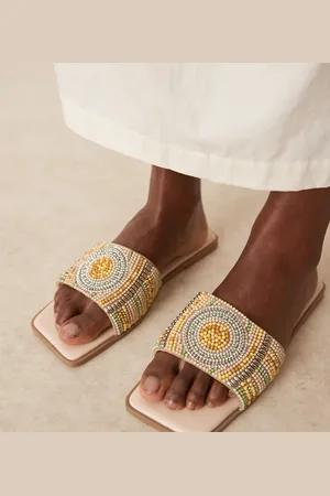 ASOS Wide Fit Fig square toe flat mule sandals with beads in multi