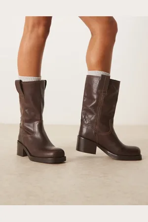 ASOS Caspia premium leather trucker pull on boots in chocolate