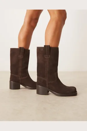 ASOS Caspia premium suede trucker pull on boots in chocolate