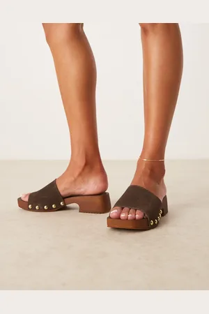 ASOS Flare premium suede mule sandal clogs in chocolate