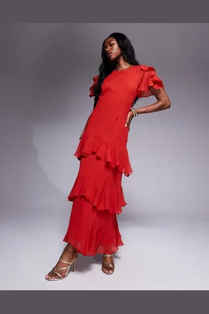 ASOS Ruffle chiffon maxi dress in dusky red
