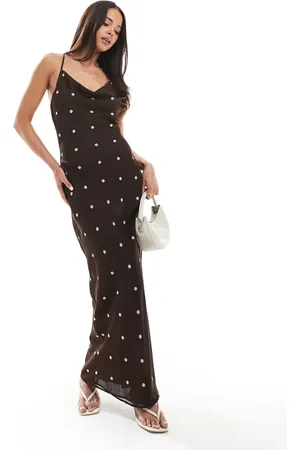 ASOS Chiffon cowl neck maxi slip dress in chocolate polka dot