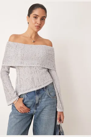 ASOS Crochet semi sheer off the shoulder top with asymmetric hem in gray