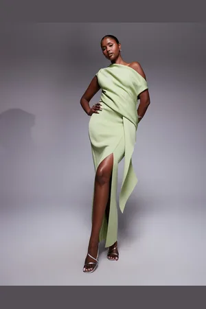 ASOS Scuba fallen shoulder manipulated folds maxi dress in sage