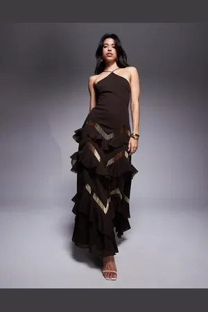ASOS Halter neck tiered embellished ruffle maxi dress in chocolate
