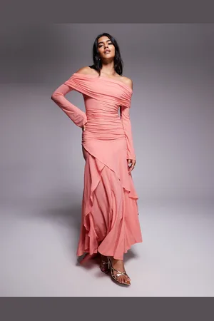 ASOS Stretch chiffon long sleeve off the shoulder maxi dress with ruffle hem in coral
