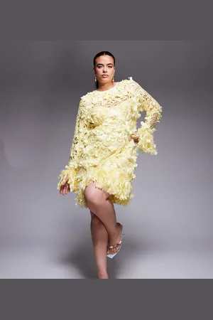 ASOS Curve 3D floral embellished broderie mini dress with faux feather trim in buttermilk