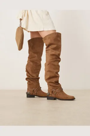 ASOS Kimmy suedette over the knee boots with harness details in sand