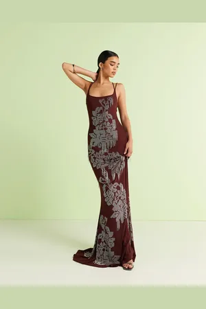ASOS Square neck artwork floral hotfix maxi dress with fringe embellishment in chocolate