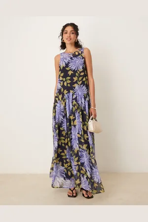 ASOS Racer neck smock maxi dress in blown up floral print
