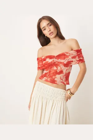 ASOS Ruched off shoulder bardot mesh top in red floral print