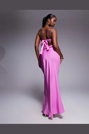ASOS Satin trapeze bandeau maxi dress with bow back detail in lilac
