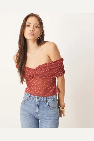 ASOS Ruched off shoulder mesh top in ditsy print
