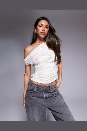 ASOS Flocked mesh texture gathered short sleeve off the shoulder mesh top in cream