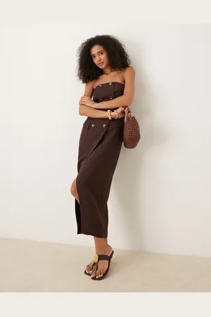ASOS Bandeau trench style pencil midi dress in chocolate