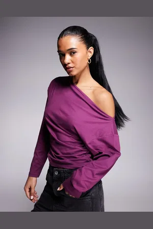 ASOS Off the shoulder cinched asymmetric neckline long sleeve top in plum