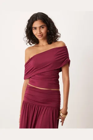 ASOS Ruched bardot top in berry - part of a set
