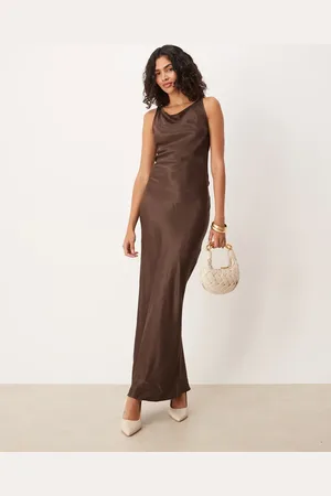 ASOS Satin tie back slash neck dress in chocolate