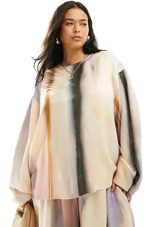 ASOS Curve satin long sleeve top in blurred stripe - part of a set