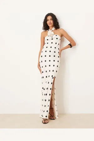 ASOS Satin scarf corsage maxi dress in polka dot print