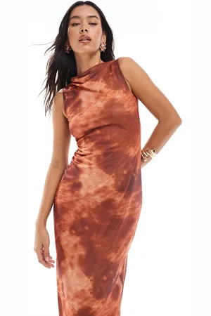 4th & Reckless High drape neck maxi dress in rust blurred print