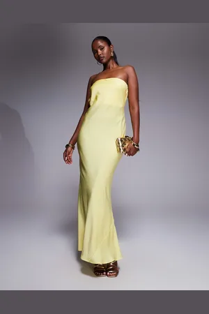 ASOS Satin trapeze bandeau maxi dress with bow back detail in buttermilk