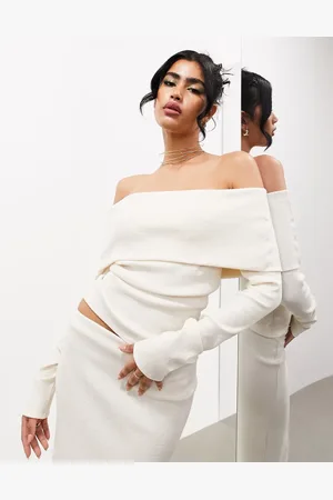 ASOS Premium jersey turn over bardot long sleeve top in cream