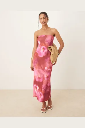 ASOS Bandeau scuba midi dress in pink floral print
