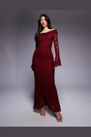 ASOS Textured lace bardot maxi dress in dark cherry