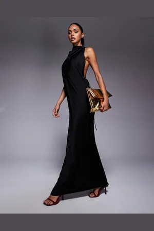 ASOS Satin high neck maxi dress with gold tone hardware trim detail in