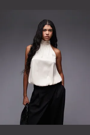 ASOS Satin high neck bubble hem top in ecru