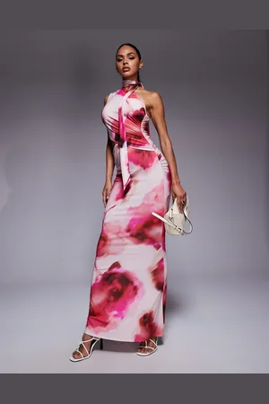 ASOS Sleeveless high neck maxi dress in pink floral print