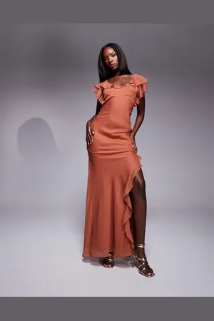 ASOS Ruffle flutter sleeve maxi dress with side split in rust