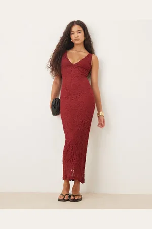 ASOS Lace V neck maxi dress in burgundy
