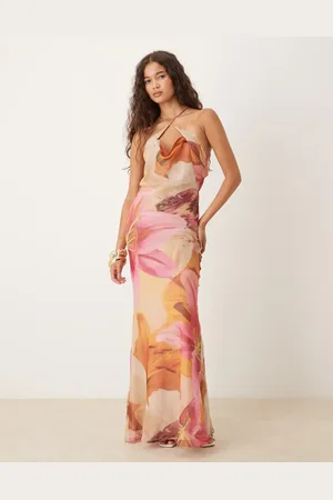 ASOS Satin and chiffon mix cowl neck bias cut maxi dress in overblown floral print