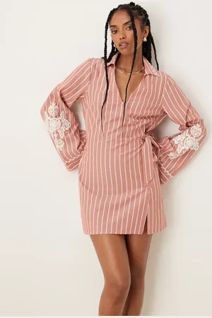 ASOS Embroidered wrap shirt mini dress with wide cuff in stripe