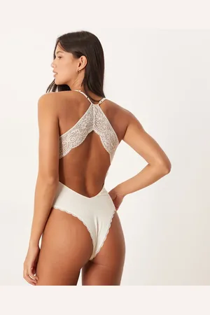 ASOS Claudia ribbed & lace bodysuit with open back in ivory