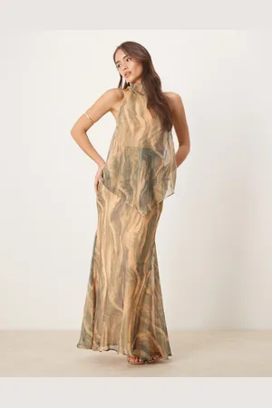 ASOS Chiffon high neck double layer maxi dress in marble print