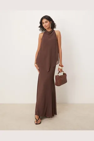 ASOS Chiffon high neck double layer maxi dress in chocolate