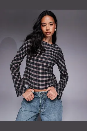 ASOS Slash neck ruched detail long sleeve top in plaid
