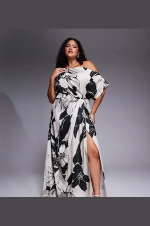 ASOS ASOS DESIGN Curve Exclusive satin fallen shoulder shoulder side slit maxi dress in mono floral print