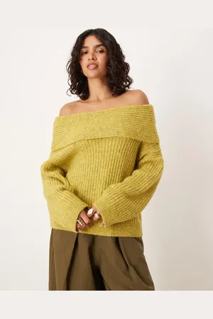 ASOS Oversized wool blend off shoulder sweater in olive